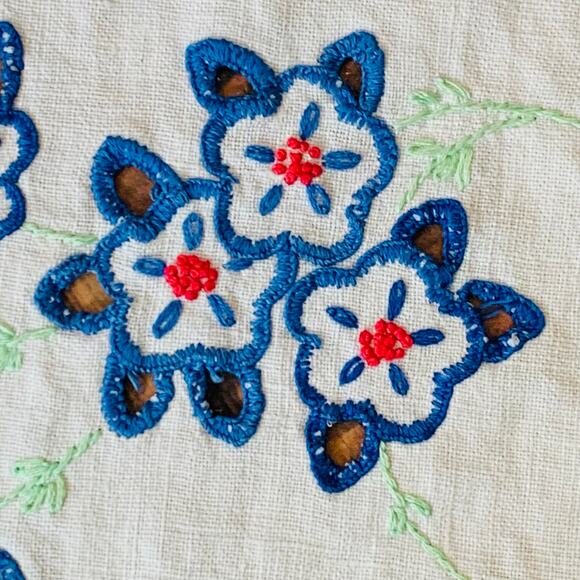 Linen Embroidery Table Runner White Blue Floral 38" x 14" Hand Stitching Decor - Picture 2 of 6